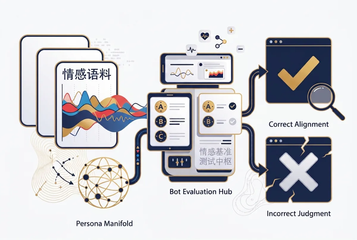 Diagram showing DiaryBench's Chinese diary inputs, author persona constraints, model evaluation, and alignment checks