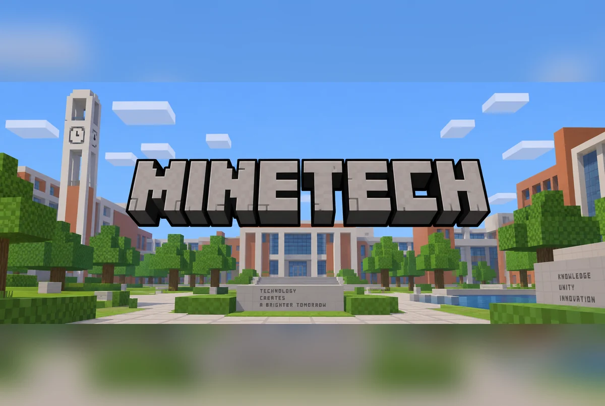 MineTech block-letter logo over a voxel recreation of the SUSTech campus gate — clock tower, red-brick colleges and the motto plaza under a blocky blue sky